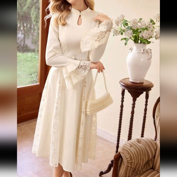 Vintage Retro A-Line Dress Chinese Collar Lace Splice Keyhole Long Sleeve,Casual - Picture 4 of 4